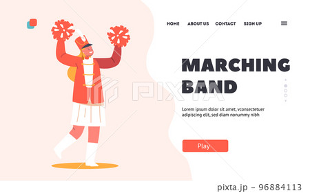 Marching Band Landing Page Template. Parade Celebration, Musician Girl Character Walking with Pompons during March 96884113