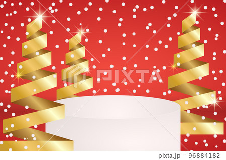 Red and gold luxury stand podium with abstract Christmas tree and falling snow. Vector studio room with 3D platform design. Festive mock up scene. Merry christmas scene for promotion display, showcase Red and gold luxury stand podium with abstract Christmas tree and falling snow. Vector studio room with 3D platform design. Festive mock up scene. Merry christmas scene for promotion display, showcase 96884182
