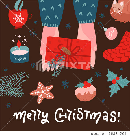 Top view scene of two hands holding gift box with red ribbon anf floral forest decoration. Top view table with Christmas decor. Hand drawn flat vector illustration. Top view scene of two hands holding gift box with red ribbon anf floral forest decoration. Top view table with Christmas decor. Hand drawn flat vector illustration. 96884201