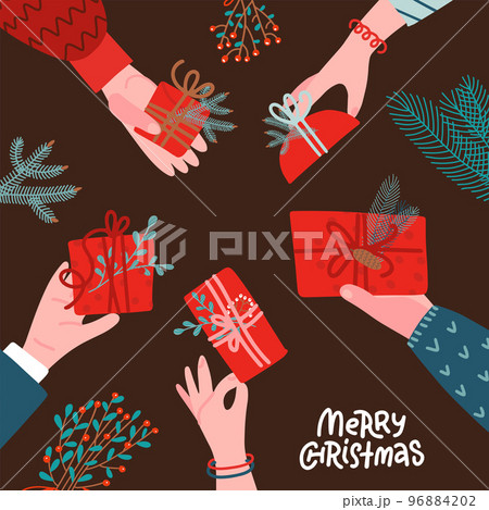 Many human hands giving present, for Christmas, anniversary theme and background. top view. Circle of hands decorated with floral branches.. Simple flat vector illustration. 96884202