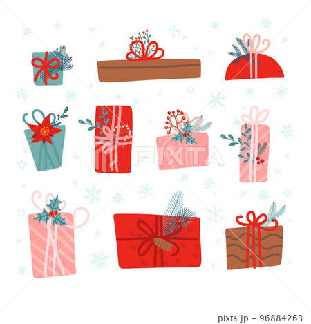 Set of 10 christmas gifts, decorated with plants, ribbons and recycled wrapping paper. Hygge vintage hand drawn style. Vibrant colors. Flat doodle illustration. 96884263
