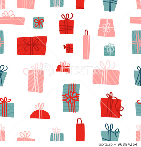 Seamless pattern with colorful gift boxes with ribbons and bows. Present box. Vector flat illustration in hygge style Seamless pattern with colorful gift boxes with ribbons and bows. Present box. Vector flat illustration in hygge style 96884264