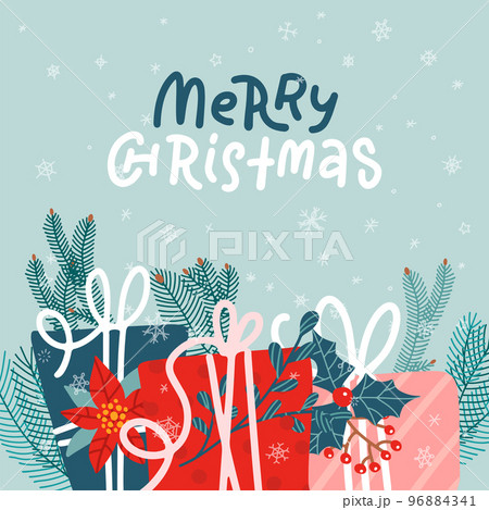 Merry Christmasgreeting card. Christmas square background with festive decorations - decorated gift boxes with fir branches. Flat hand drawn vector illustration. 96884341