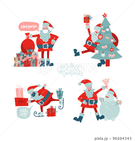 Santa Clauses set for Christmas. Flat hand drawn vector illustration. Collection of old xmas character in different poses with tree, gifts and snowman. Santa Clauses set for Christmas. Flat hand drawn vector illustration. Collection of old xmas character in different poses with tree, gifts and snowman. 96884343