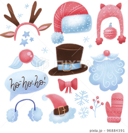 Constructor of christmas character face. Reindeer antlers, hats, mustache, beard, cap to create a face of Santa Claus. Easy to make your Santa person. Humor Christmas,new year. Flat set Constructor of christmas character face. Reindeer antlers, hats, mustache, beard, cap to create a face of Santa Claus. Easy to make your Santa person. Humor Christmas,new year. Flat set 96884391