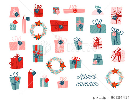 Advent calendar template. Collection of vector colorful Christmas present boxes with tags. Vector flat cartoon illustration isolated on white background. 96884414