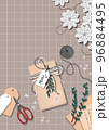 Gift box on the table. Wrapping christmas gift box. Preparing for celebration christmas eve or new year. Top view table with scissors and tree branches. Flat illustration.  96884495