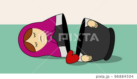 Opened matryoshka lying on the side with heart falling out. Vector illustration of nested doll. 96884504