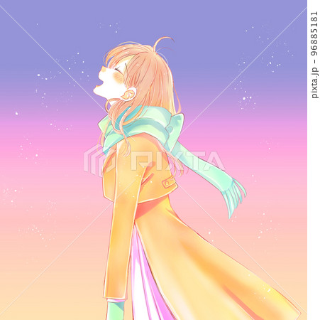 幸せそうな冬の女性 夕暮れ 幸せそうな冬の女性 夕暮れ 96885181