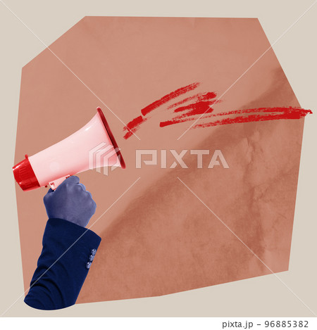 Male hand holding megaphone. Contemporary art collage. Inspiration, idea, creativity, surrealism. Colorful minimalism Male hand holding megaphone. Contemporary art collage. Inspiration, idea, creativity, surrealism. Colorful minimalism 96885382