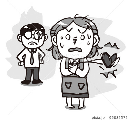 家庭内暴力・夫から妻へのDV　夫の視線に怯える妻　モノクロ 96885575