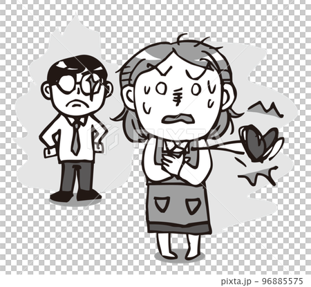 家庭内暴力・夫から妻へのDV　夫の視線に怯える妻　モノクロ 96885575