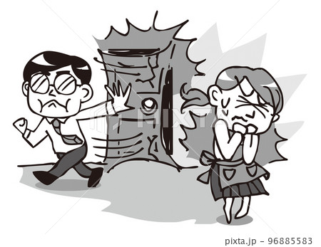 家庭内暴力・夫から妻へのDV　大きな音を立てて妻を威嚇する夫　モノクロ 96885583