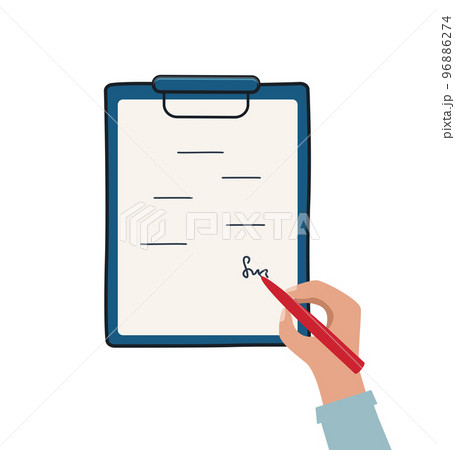 Signing a contract, hand with pen signs a paper document on a tablet. Vector illustration isolated on white. Signing a contract, hand with pen signs a paper document on a tablet. Vector illustration isolated on white. 96886274