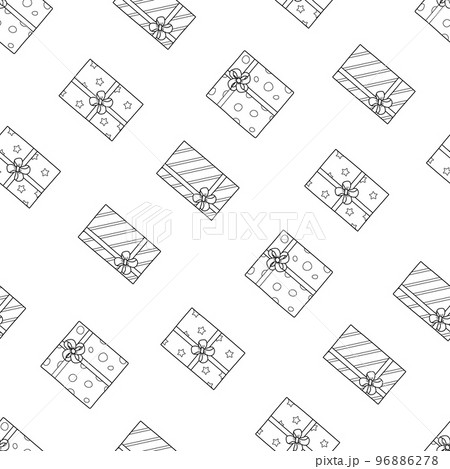 Seamless pattern gift boxes in wrapping paper with bows. Background texture packaging. Doodle cartoon style. 96886278