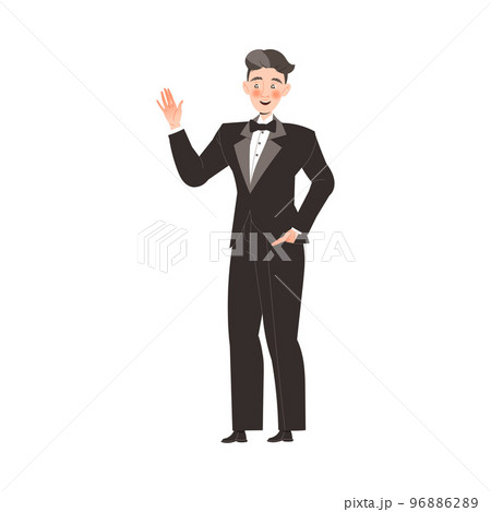 Famous Man Celebrity in Elegant Suit Standing and Waving Hand Vector Illustration 96886289