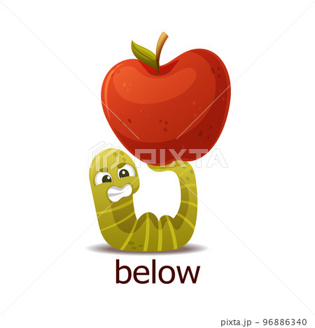 Cute Green Worm Below Red Apple Lifting It Up as English Preposition Word Vector Illustration 96886340