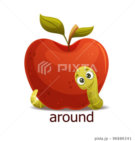 Cute Green Worm Around Red Apple as English Preposition Word Vector Illustration 96886341
