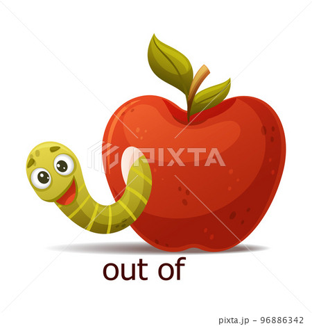 Cute Green Worm Peeking Out Of Red Apple as English Preposition Word Vector Illustration 96886342