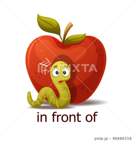 Cute Green Worm In Front of Red Apple as English Preposition Word Vector Illustration 96886358