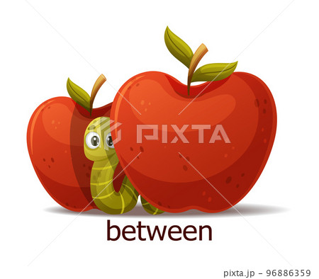 Cute Green Worm Between Red Apple as English Preposition Word Vector Illustration 96886359