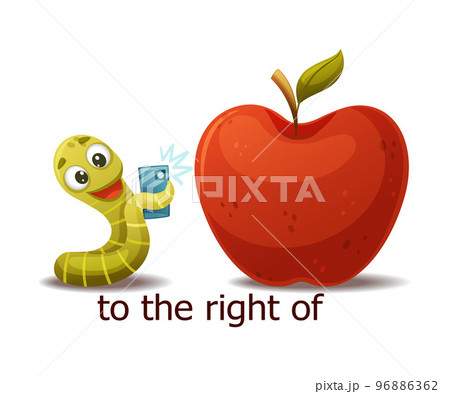 Cute Green Worm to the Right of Red Apple Taking Selfie with Smartphone as English Preposition Word Vector Illustration Cute Green Worm to the Right of Red Apple Taking Selfie with Smartphone as English Preposition Word Vector Illustration 96886362