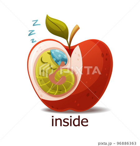 Cute Green Worm Sleeping Inside Red Apple as English Preposition Word Vector Illustration 96886363