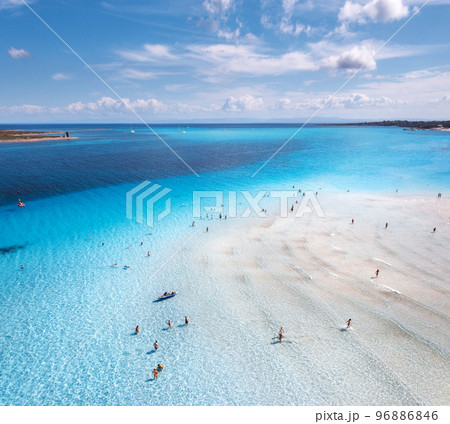 Aerial view of amazing sea coast. Top view of white sandy beach 96886846