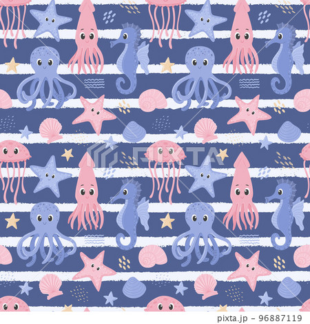 Seamless pattern with squid, octopus, seahorse and jellyfish. Cute ocean characters in underwater world. Marine animals and shells. Cartoon vector illustrations on a dark blue background with stripes 96887119