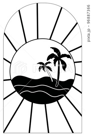 Poster sunrise in the Morning , with sea and palm trees. Black and white background sunrise perfect for icon and symbols, poster, postcard, logo. Vector illustration 96887366