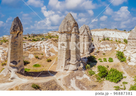 Unique geological formations in Love Valley in Cappadocia, popular travel destination in Turkey Unique geological formations in Love Valley in Cappadocia, popular travel destination in Turkey 96887381