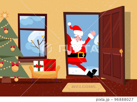Santa Claus looks in doorway. Hallway interior with Christmas tree, gifts in boxes inside. Santa coming to give presents to children. Flat cartoon vector illustration. 96888027