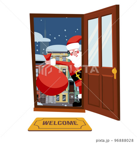 Merry Christmas and Happy New Year background. Cute Santa Claus with bag gift boxes enter inside the door. Concept design holiday poster, banner, flyer, greeting cards. Cartoon flat vector. 96888028