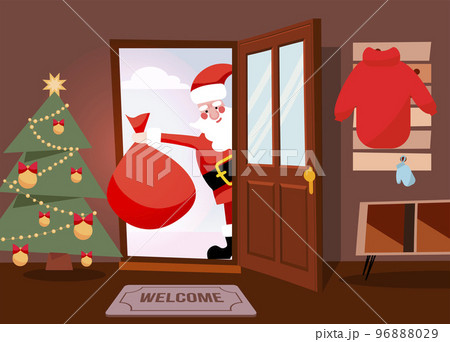 Santa claus looking out doorway and coming home with red gift bag. Merry christmas vector cartoon flat illustration. Santa enters the door to the hallway. 96888029