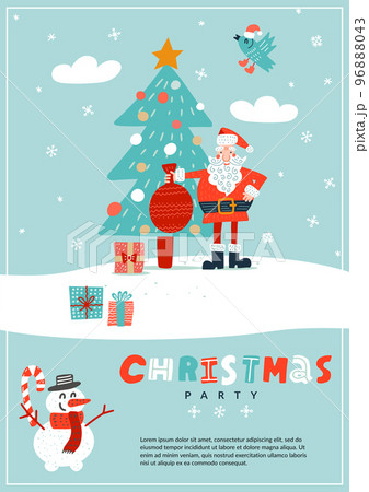 Retro christmas poster card with Santa near decorated xmas tree. a4 vertical holiday Christmas party concept. Hand drawn flat vector illustrration. Retro christmas poster card with Santa near decorated xmas tree. a4 vertical holiday Christmas party concept. Hand drawn flat vector illustrration. 96888043