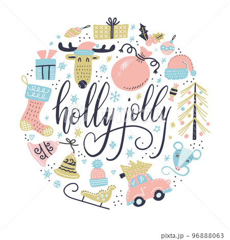 Cartoon vector doodles New Year illustration. Colorful, detailed, with lots of decoratives objects background. Christmas funny round picture. Cartoon vector doodles New Year illustration. Colorful, detailed, with lots of decoratives objects background. Christmas funny round picture. 96888063