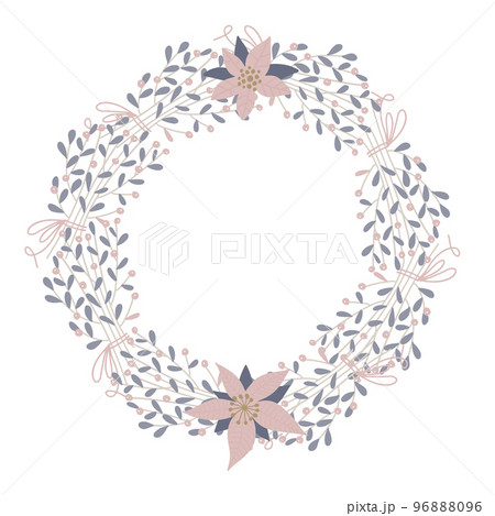 Cute and elegant vector floral round frame. Pastel tone plant circle winter badge and emblem. Christmas wreath. Flat vector illustration in hygge style Cute and elegant vector floral round frame. Pastel tone plant circle winter badge and emblem. Christmas wreath. Flat vector illustration in hygge style 96888096