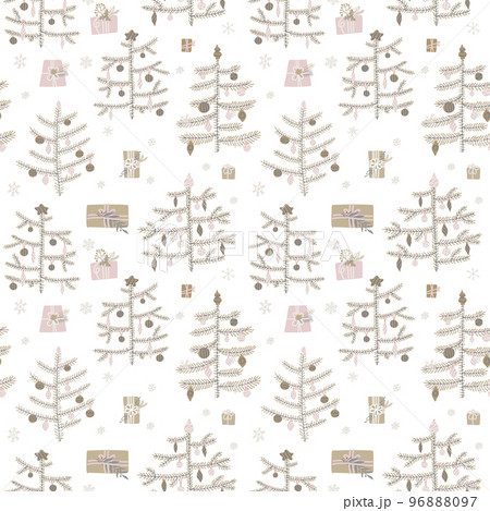Vector seamless pattern in scandinavian style. Beautiful doodle ornament decorated Christmas fir trees with gift boxes. Endless Xmas background in hygge style. Vector seamless pattern in scandinavian style. Beautiful doodle ornament decorated Christmas fir trees with gift boxes. Endless Xmas background in hygge style. 96888097