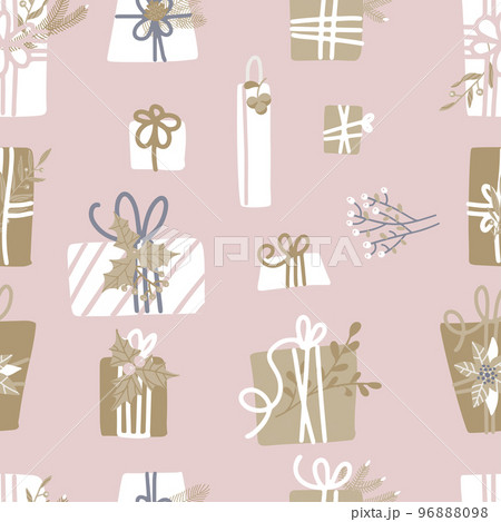 Seamless vector pattern with wrapped gifts. Wreath design for cards, wrapping papers, posters. Creative pink pastel hand drawn backdrop for holidays and parties. Seamless vector pattern with wrapped gifts. Wreath design for cards, wrapping papers, posters. Creative pink pastel hand drawn backdrop for holidays and parties. 96888098