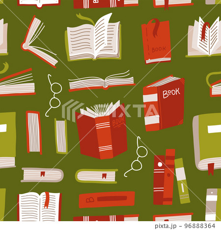 Seamless book pattern. Differernt books with glasses. Background wallpaper on green background. 96888364