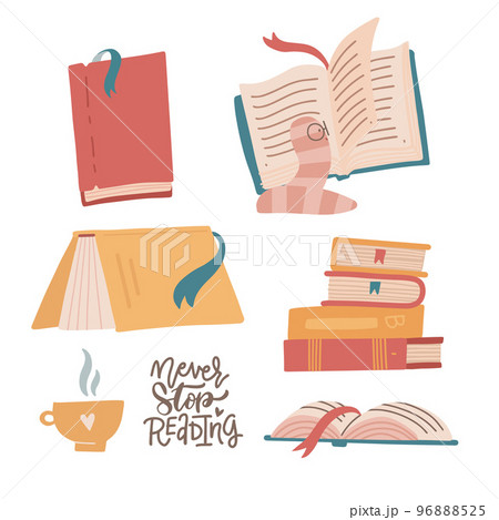 Cozy set of colorful books, book stacks, piles and cup of hot beverage. Hand drawn library with funny bookworm. Vector flay hand drawn illustration 96888525