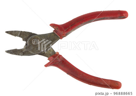 old iron pliers with plastic handle, isolated on white, traces of corrosion and damage 96888665