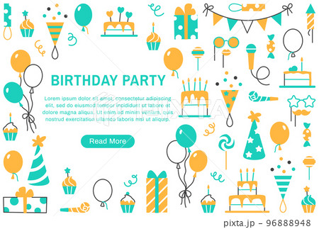 Birthday party background or web page internet template with button. Color line Birthday invitation. Decorative anniversary elements gift box balloon cake muffin. Minimal event vector illustration. 96888948
