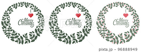 Three wreaths of mistletoe with the inscription Merry Christmas and a heart 96888949