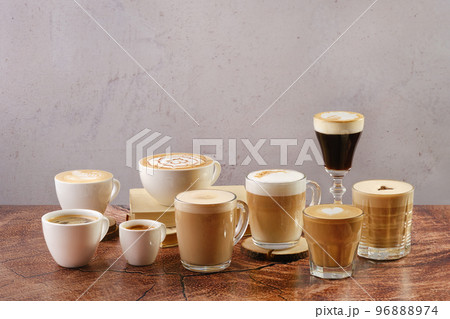 Coffee latte set with various topping and decor 96888974