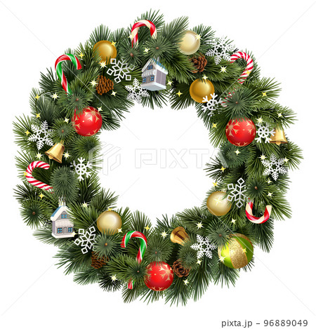 Vector Christmas Pine Fluffy Wreath with Christmas Decorations 96889049