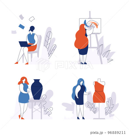 Creative work for woman set of isolated on white vector illustrations. Female fashion designer in studio, artist, girl freelancer working with laptop. 96889211