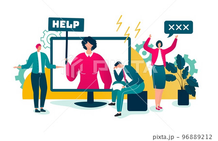 Computer problems, worried businesspeople frustrated with technical problems at computer showing system error on screen, vector illustration. 96889212