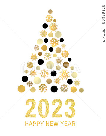 Happy new year 2023. Gold glitter greeting card design on white background. Abstract Christmas tree with golden black circles snowflakes on white background. Poster, banner holiday decoration. 96889229
