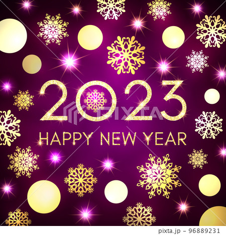 Happy New Year 2023 greeting card design on dark purple background. Gold texture glowing Christmas circle balls snowflakes stars. Golden New Year celebration banner. Holiday party illustration. 96889231